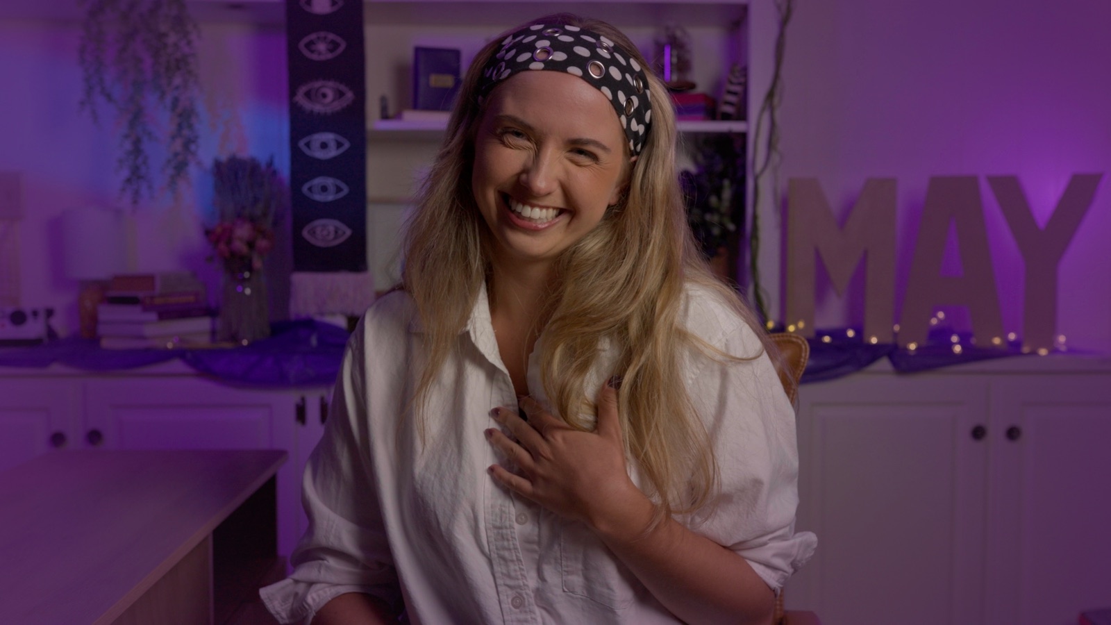 May smiling in the Pilgrim Pointers studio